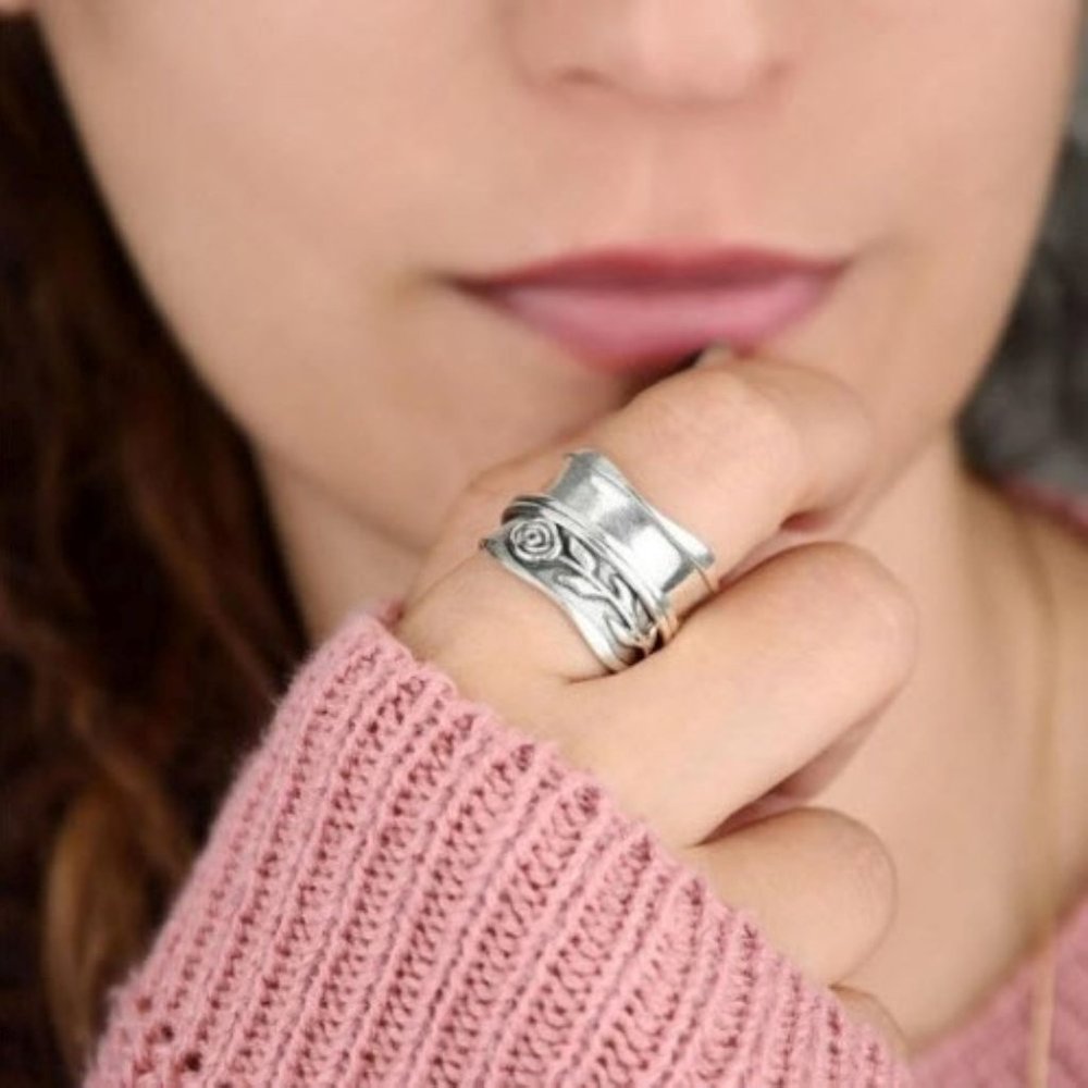 Silver Rose Wide Band Spinner-Fidget-Anxiety Ring